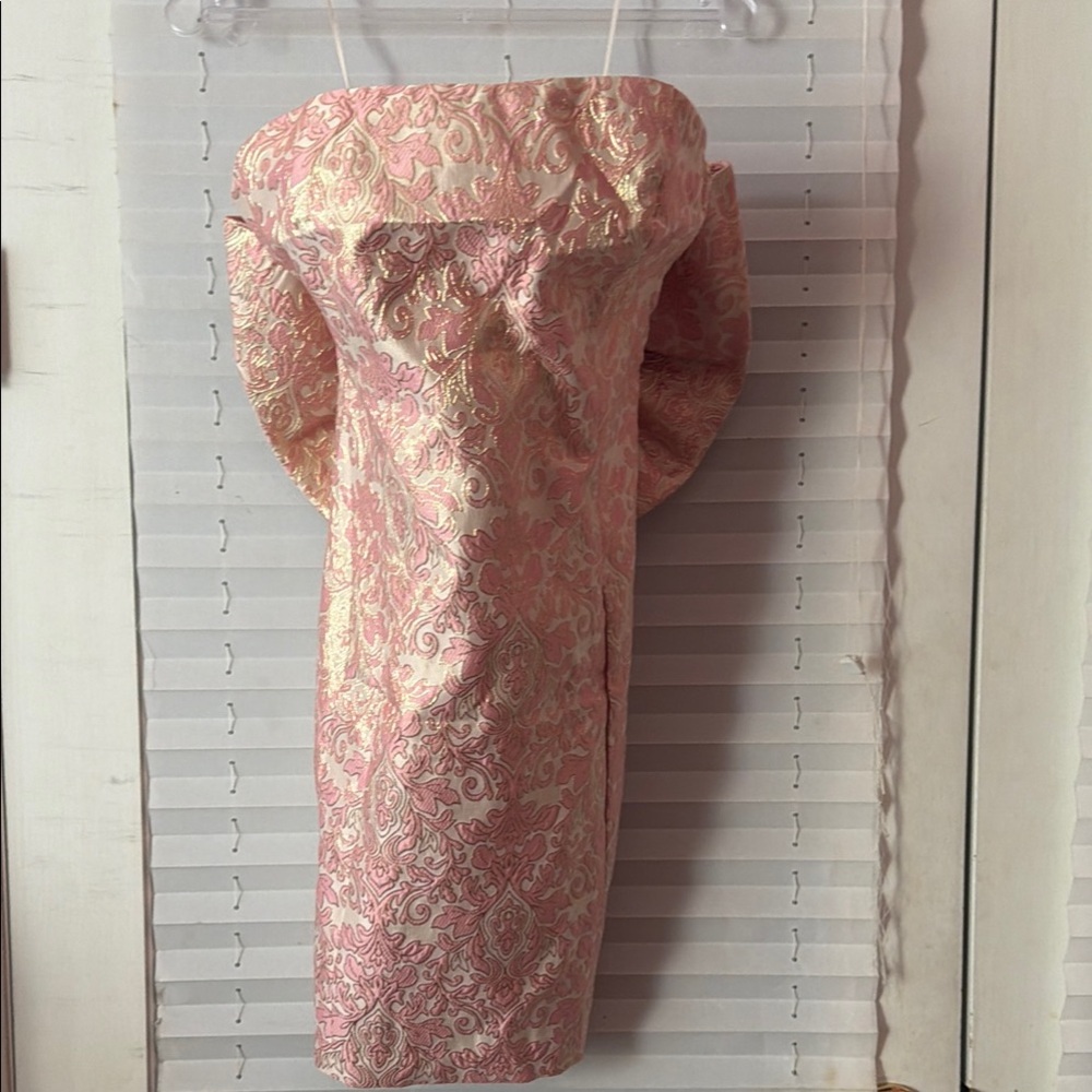 Elegant Pink Brocade Off-Shoulder Dress